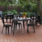 Table à manger de qualité commerciale pour l'intérieur/extérieur, plateau carré de 80 cm en polyrésine tout temps avec base en acier