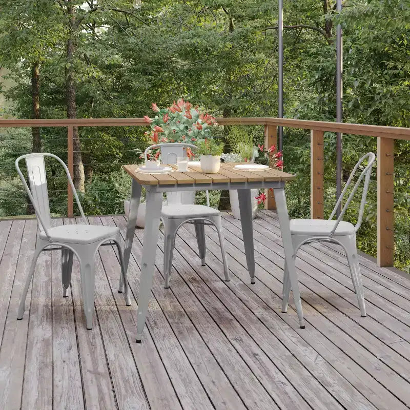 Table à manger de qualité commerciale pour l'intérieur/extérieur, plateau carré de 80 cm en polyrésine tout temps avec base en acier