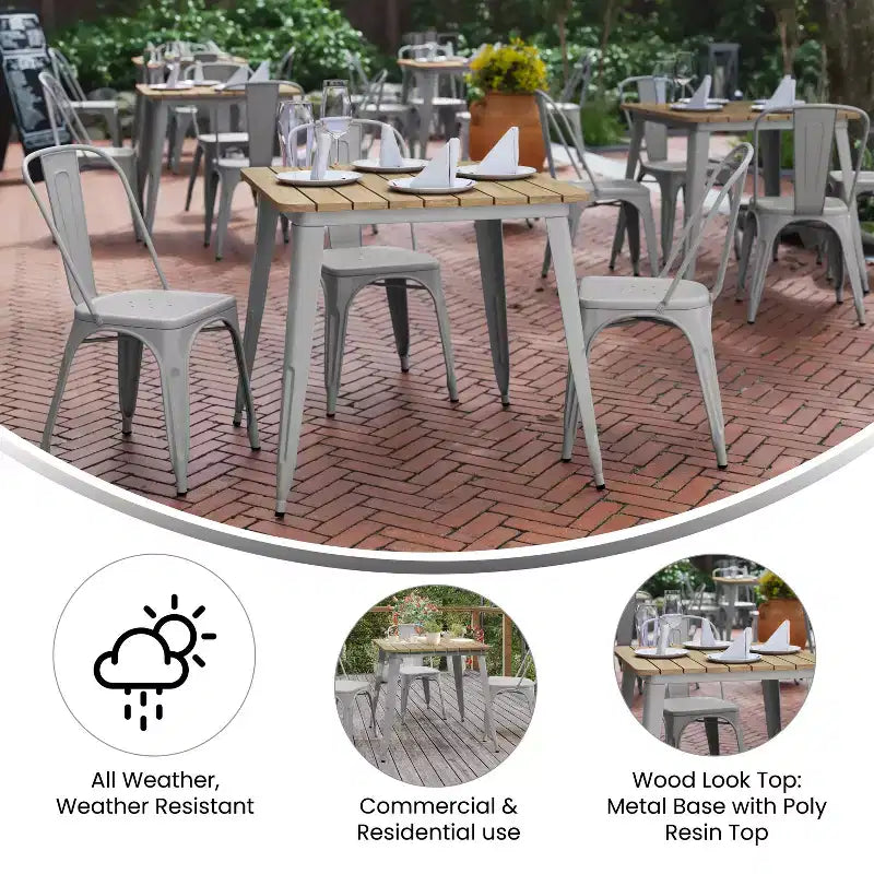 Table à manger de qualité commerciale pour l'intérieur/extérieur, plateau carré de 80 cm en polyrésine tout temps avec base en acier