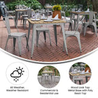 Table à manger de qualité commerciale pour l'intérieur/extérieur, plateau carré de 80 cm en polyrésine tout temps avec base en acier