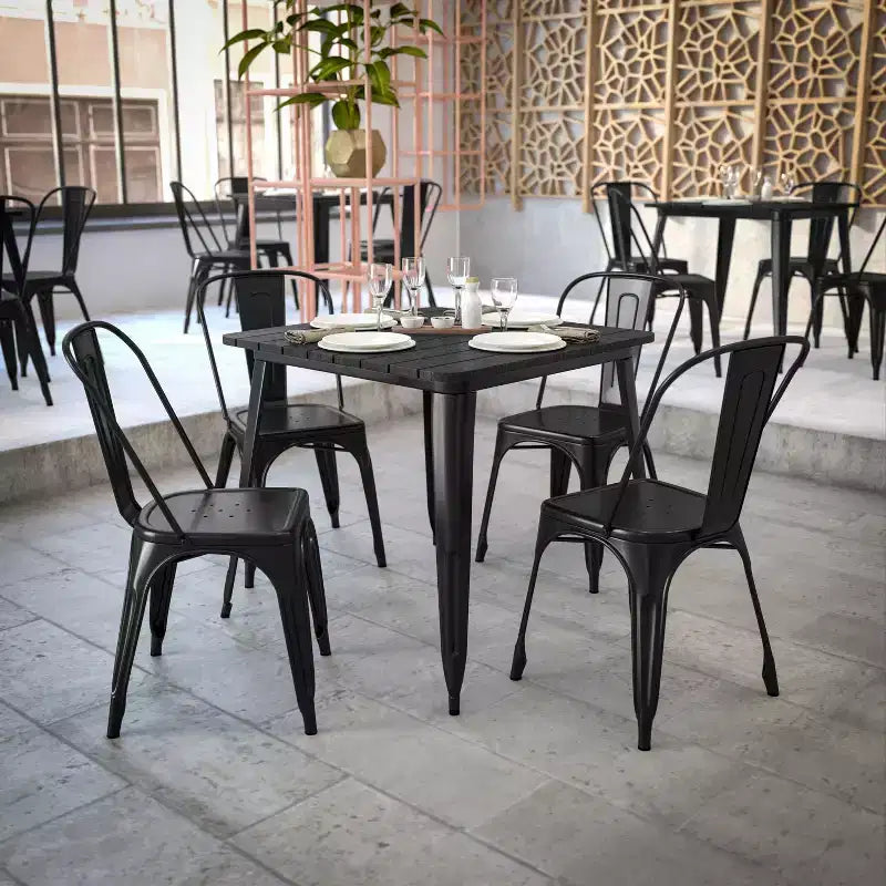 Table à manger de qualité commerciale pour l'intérieur/extérieur, plateau carré de 80 cm en polyrésine tout temps avec base en acier